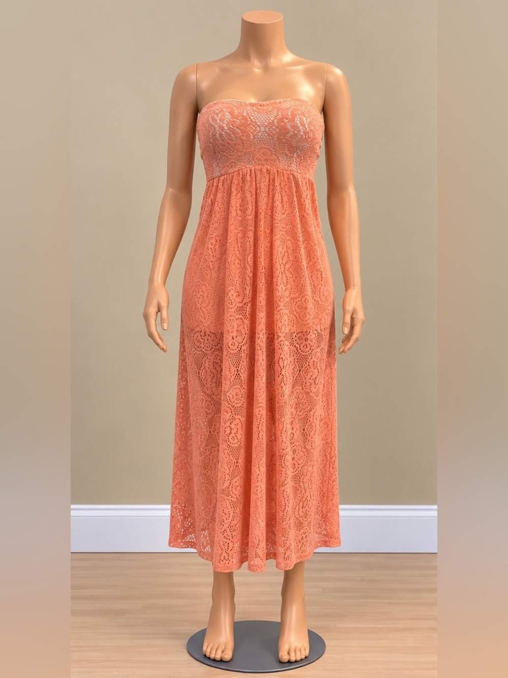 Vintage Wet Seal Coral Lace Strapless Backless Maxi / Midi Dress XS